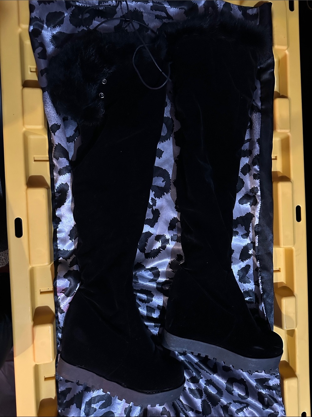 Over-the-Knee Black Velvet Boots with Faux Fur Trim